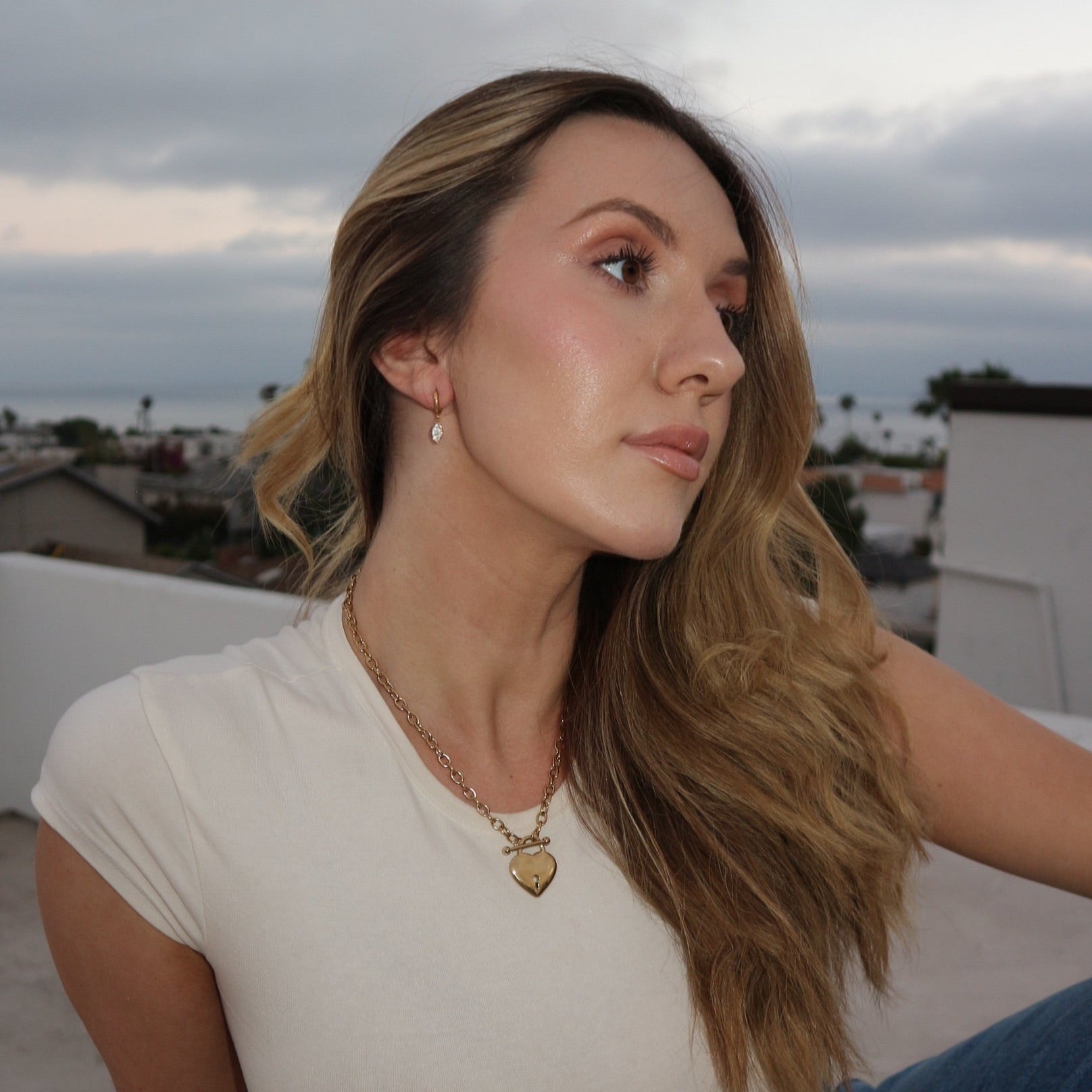 Woman sitting on a rooftop with a cloudy sky in the background
